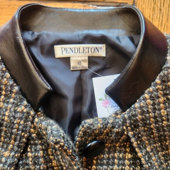 Pendleton Vintage Pleather Trim Tweed Blazer Jacket Green, Gold & Black Size 10 - Picture 3 of 10